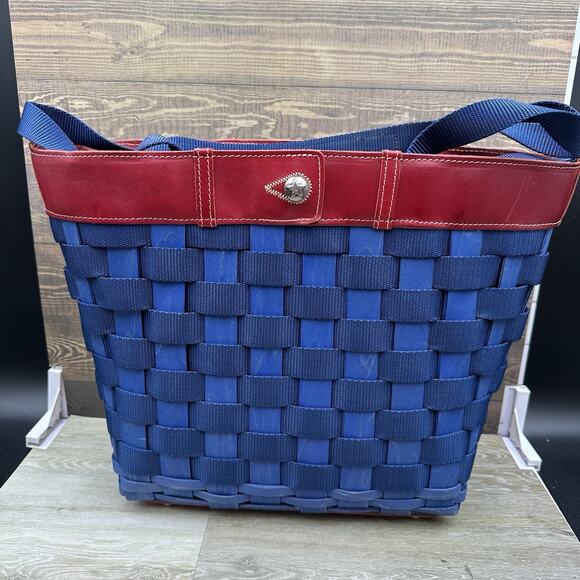 2009 Longaberger Americana Blue Jean Hostess To Go Tote Purse Basket Red Trim - Picture 1 of 9